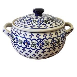 Polish Pottery White Blue Tureen Dotted Daisy‎ Hand Made 2qt